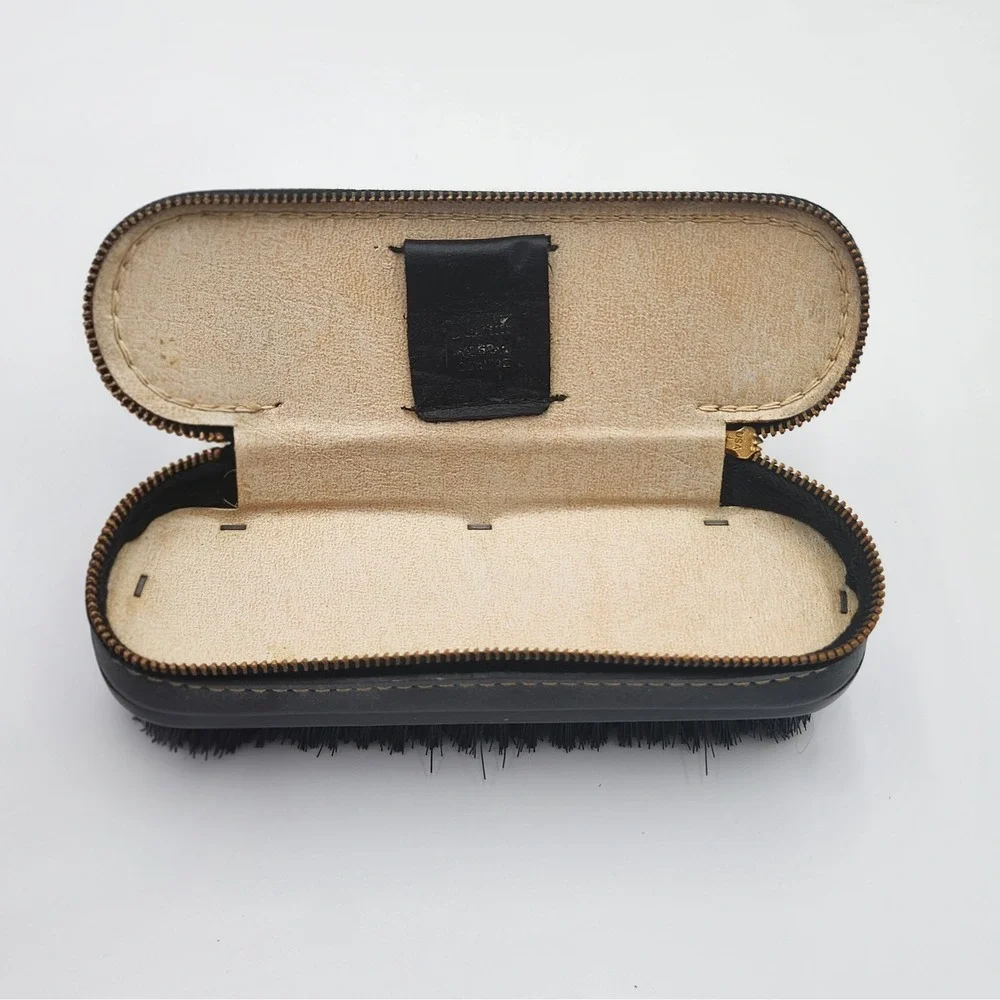 Vintage Swank Black Leather Shoeshine Brush Zip Around Top Men‎ Travel Groom Kit